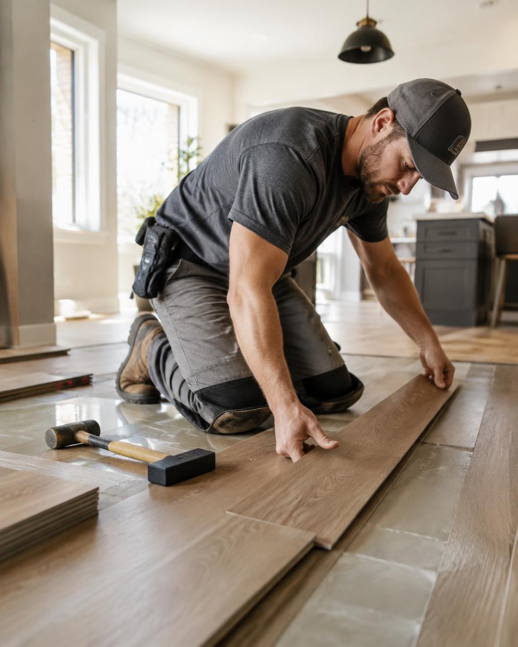 PS Unique Remodeling installer laying LVP flooring